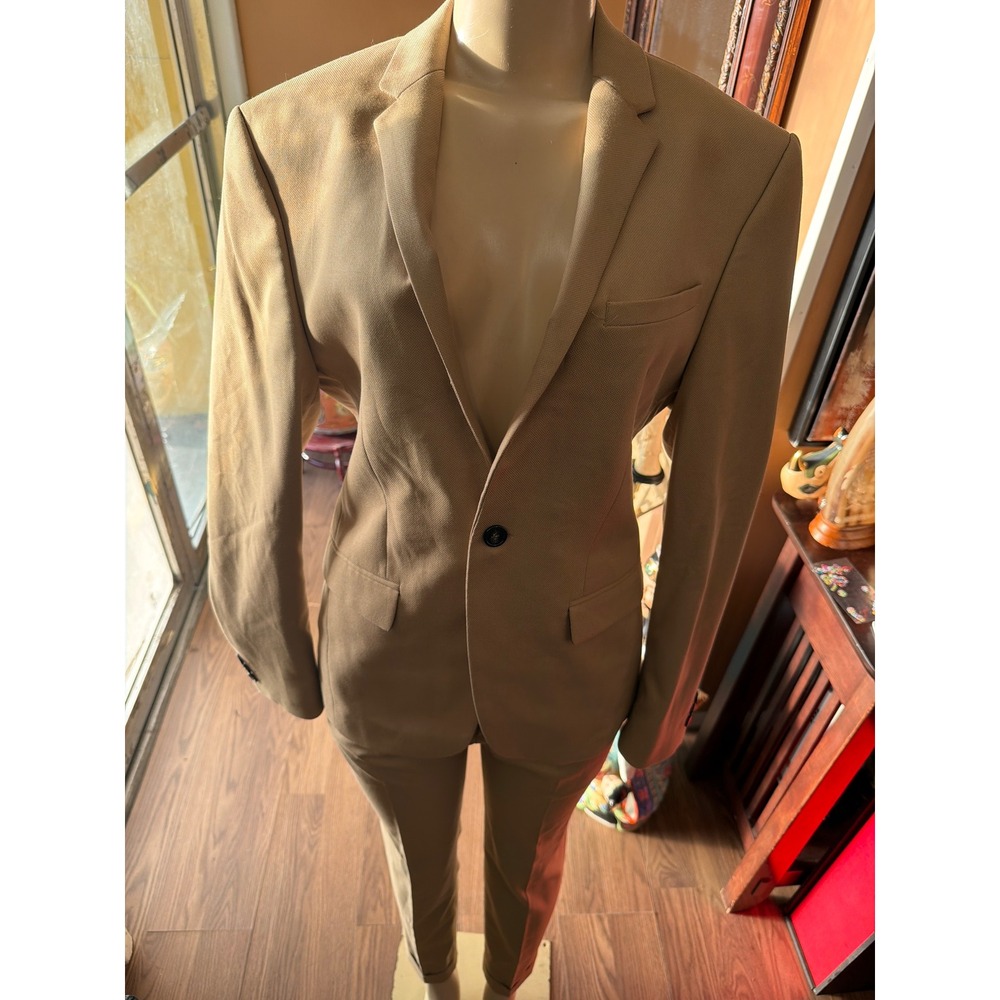 Tailored Tan Two Piece Suit Set Single Button Blazer and Slim Fit Trousers